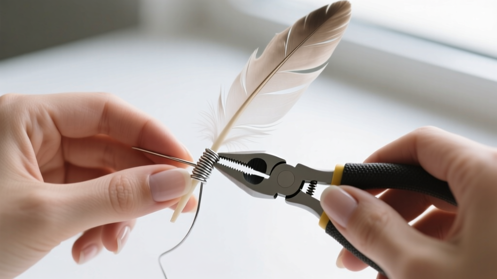 Macro shot of hands using nylon jaw pliers to wrap 22-gauge niobium wire tightly around a delicate natural feather quill base