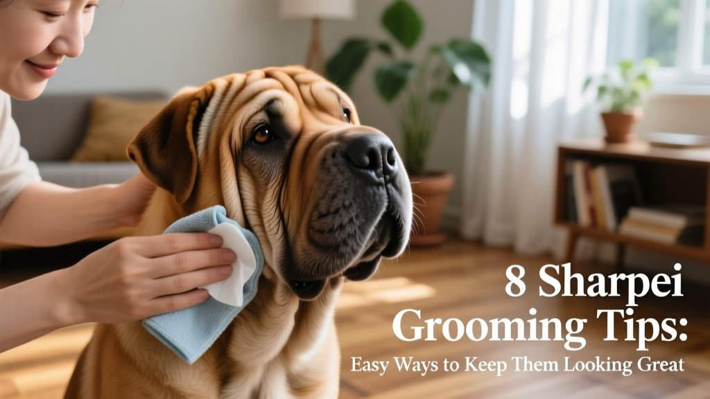 Owner gently cleaning a Shar Pei’s wrinkles with a soft cloth and pet-safe wipe