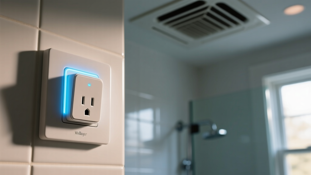 A smart plug connected to a bathroom exhaust fan switch, illuminated by a soft LED indicator, showcasing automated home ventilation.