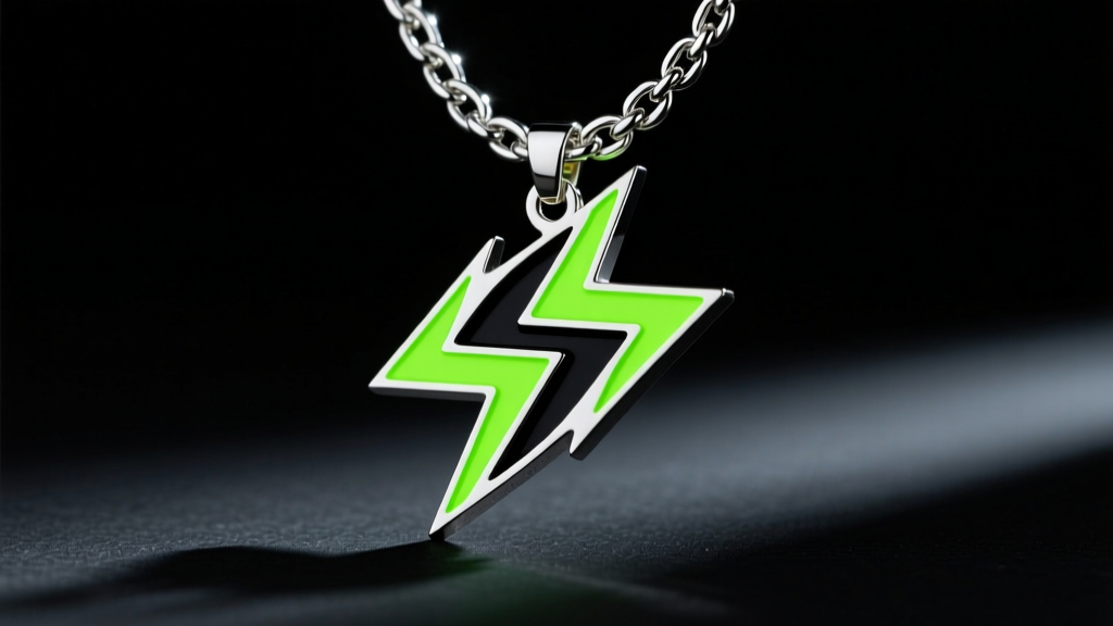 Edgy streetwear pendant with neon green and black geometric slash motifs on a thick silver chain, dramatic studio lighting
