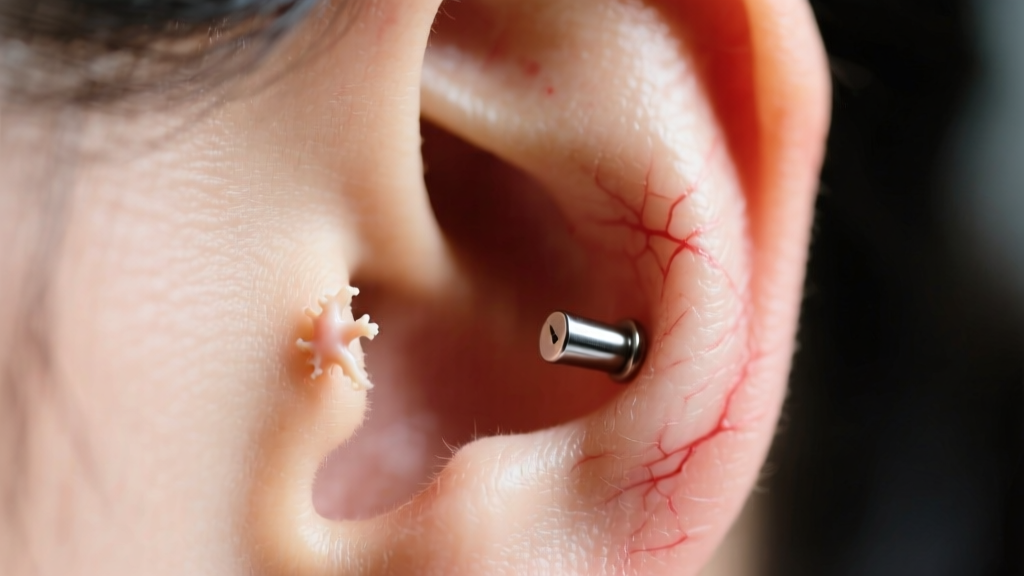 Macro shot of a minor cartilage bump near a titanium stud, lit by soft light to show skin texture and slight redness clearly.