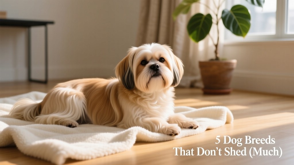 A calm, well-groomed Shih Tzu resting peacefully on a soft blanket, showing its signature long, silky coat