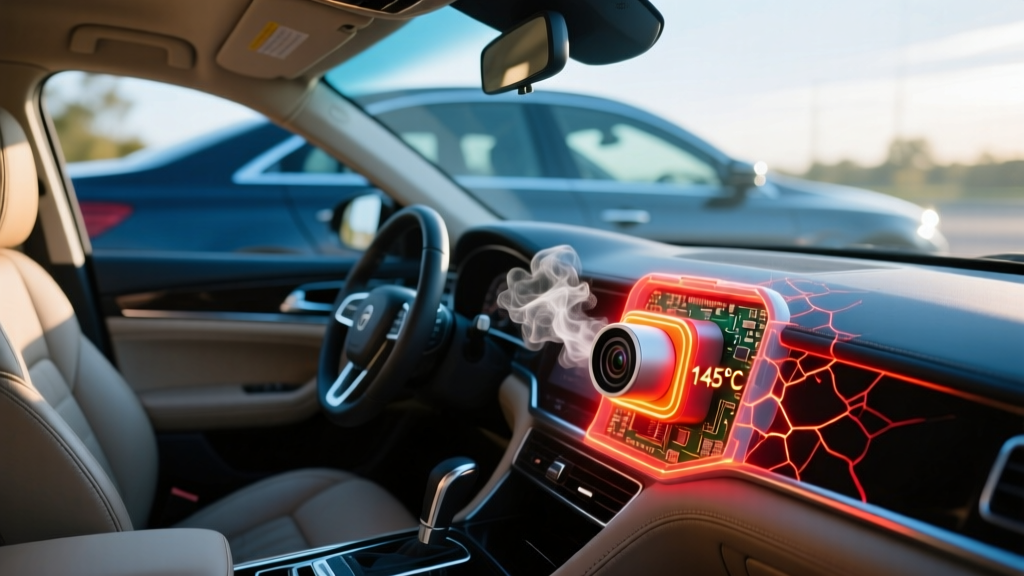 Thermal camera overlay showing a hidden dashboard spy camera battery swelling and reaching 145 degrees inside a parked car.