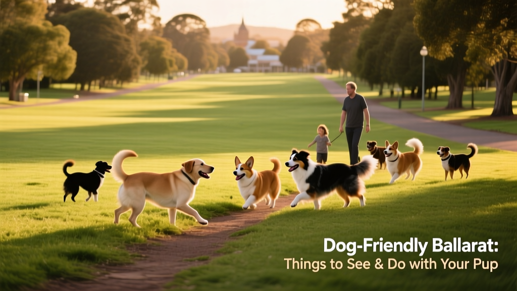 Victoria Park in Ballarat, showing wide open green spaces and tree-lined paths where dogs can safely explore off-leash