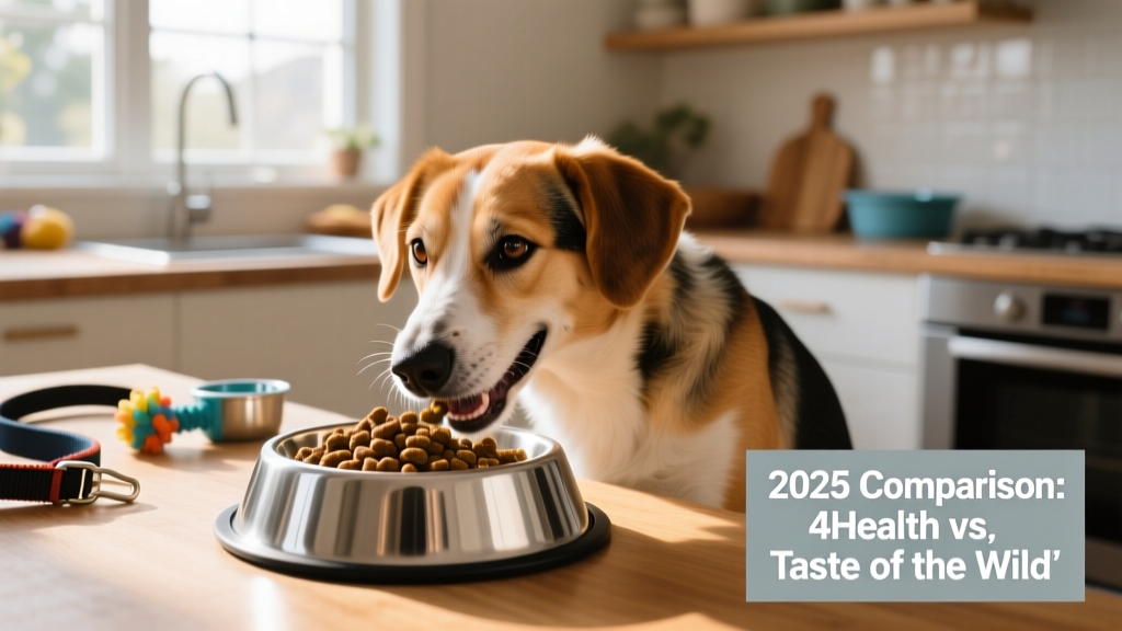Happy medium-sized dog eating from a stainless steel bowl filled with kibble
