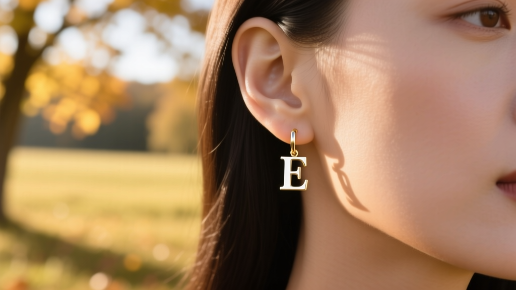 Woman earlobe wearing a delicate 14k white gold initial dangle earring, captured in soft natural sunlight outdoors.