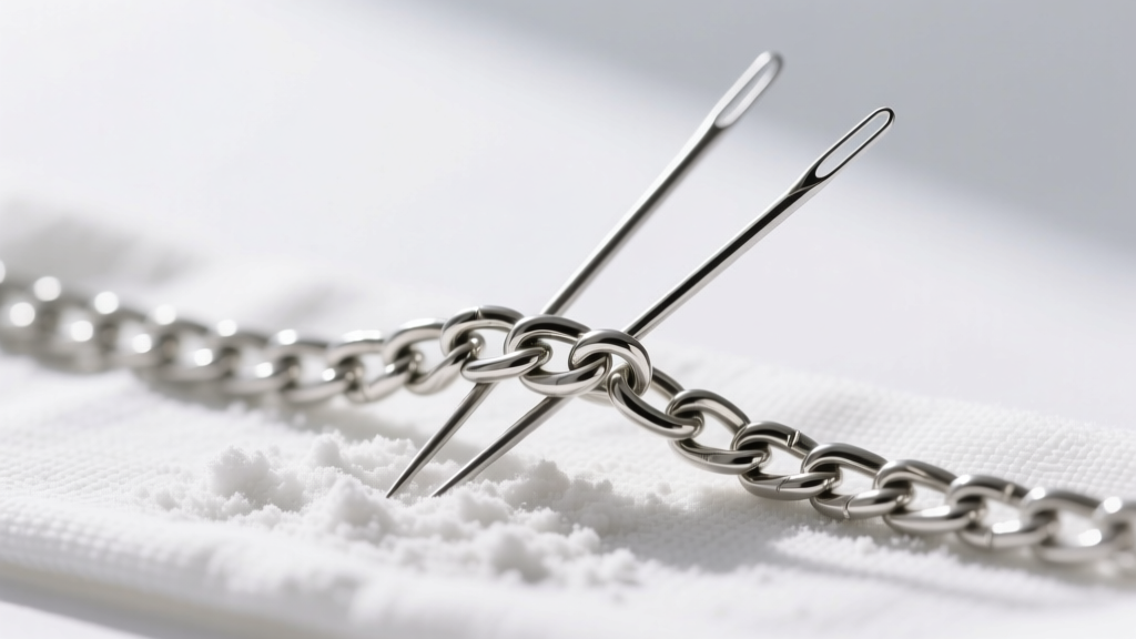 Macro shot of two sewing needles gently untangling a kinked sterling silver SG chain on a white microfiber cloth with baby powder.