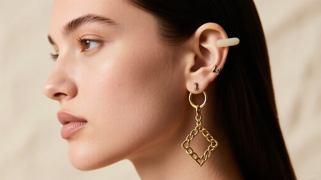 Side profile of a model wearing a 14-gauge brass flail earring supported by a silicone o-ring backing to prevent lobe tearing.