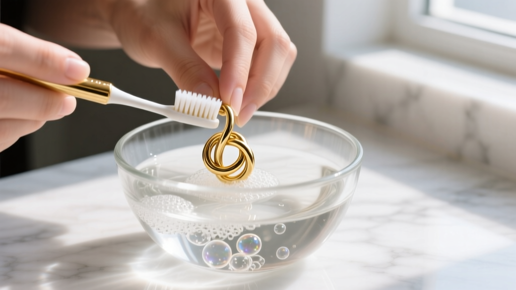 Hands cleaning a 14k gold knot earring with a soft toothbrush in soapy water inside a glass bowl, lit by bright natural daylight.