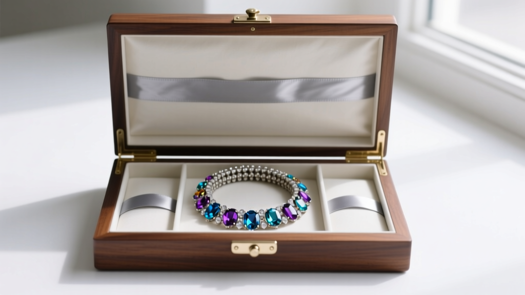 Archival jewelry box with acid-free tissue, anti-tarnish strips, and a coiled vintage Weiss rhinestone necklace stored safely