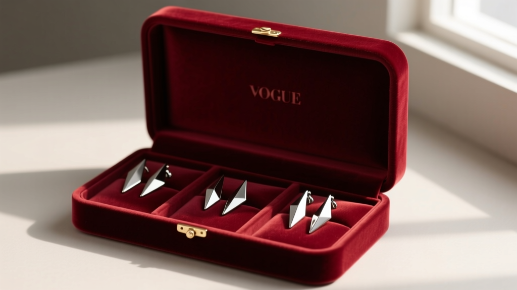 Velvet jewelry box with padded slots storing titanium knife earrings, preventing sharp points from scratching other delicate items.