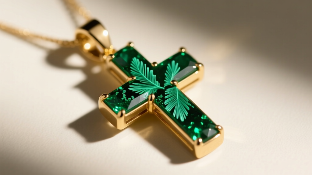 Macro shot of bezel-set Zambian emerald in 14k gold cross pendant, revealing natural jardin inclusions and rich green saturation