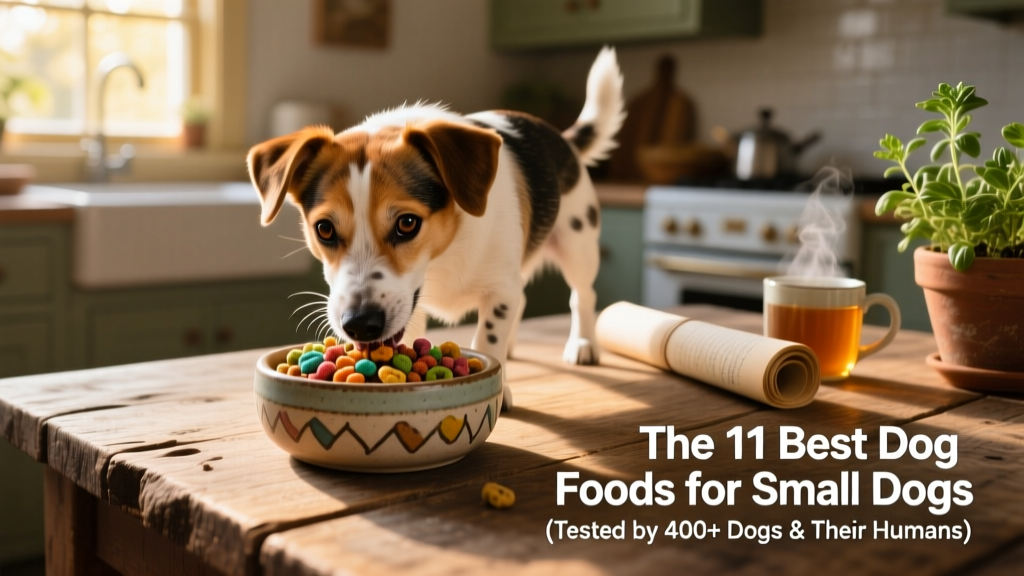 A small mixed-breed dog happily eating from a ceramic bowl filled with kibble
