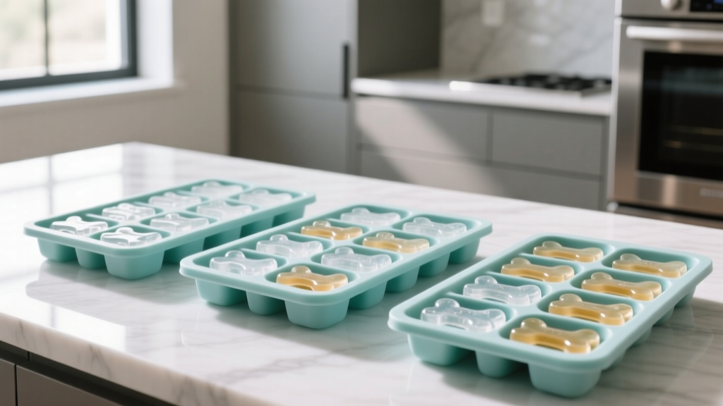 Silicone ice cube trays filled with frozen dog bone broth portions, ready for long-term freezer storage and daily meal topping.