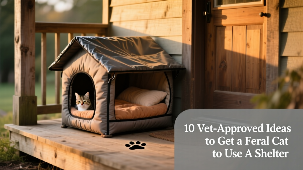 A weatherproof insulated cat shelter placed discreetly under a porch, with fresh bedding visible inside