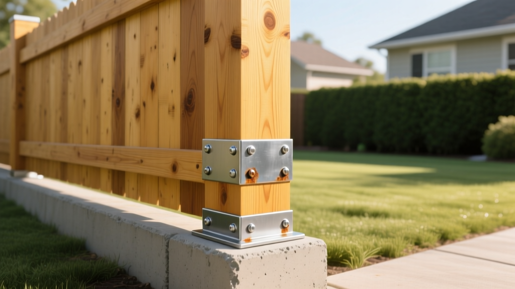 Pressure-treated Southern Yellow Pine fence post anchored in concrete with galvanized structural brackets resisting wind load
