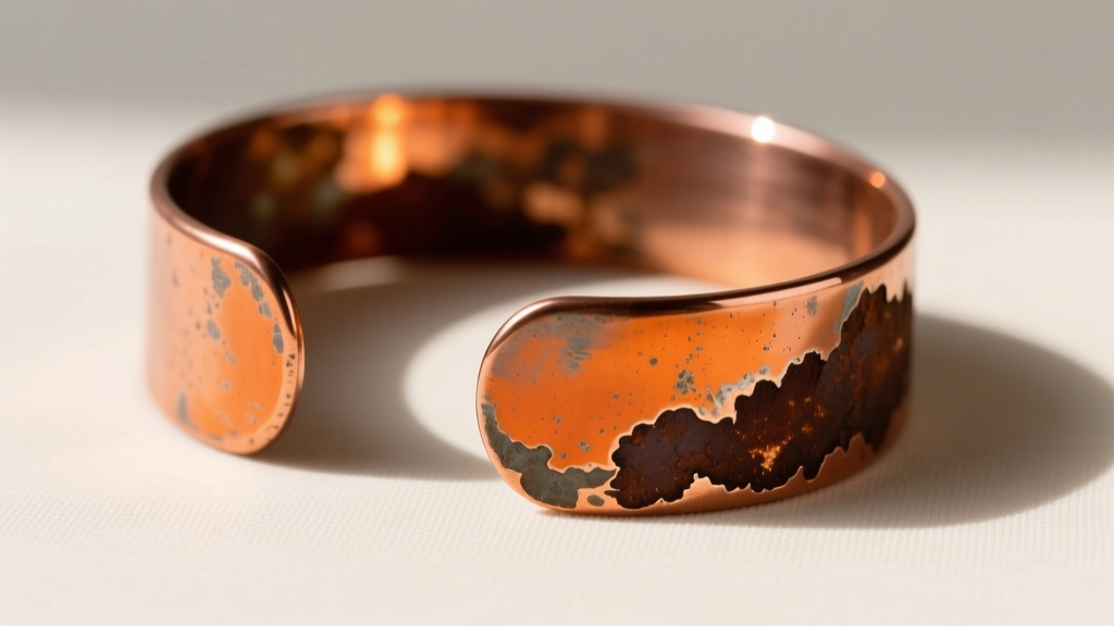 Macro photography of a raw, unsealed copper cuff bracelet showing a gradient from bright orange shine to deep brown oxidation