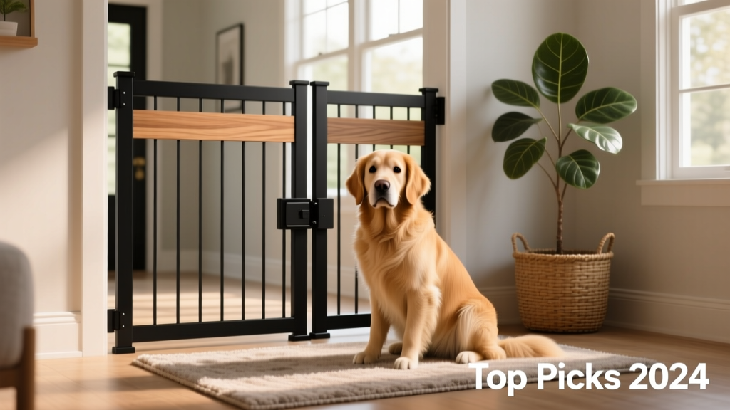 A tall, black metal-and-wood pressure-mounted dog gate installed in a wide entryway, with a golden retriever sitting calmly beside it