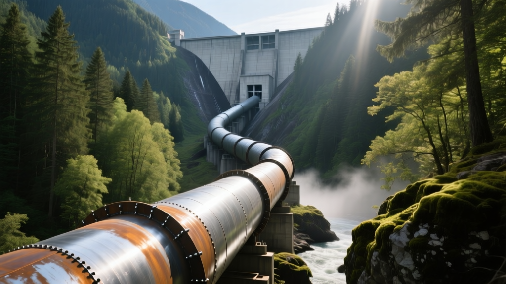 Welded steel penstock descending a forested mountain valley, connecting a concrete gravity dam to a hydroelectric powerhouse below