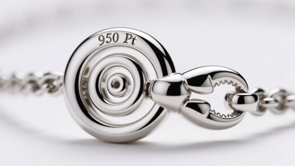 Macro shot of a platinum spiral necklace clasp showing the laser-engraved 950 Pt hallmark and a polished lobster claw mechanism