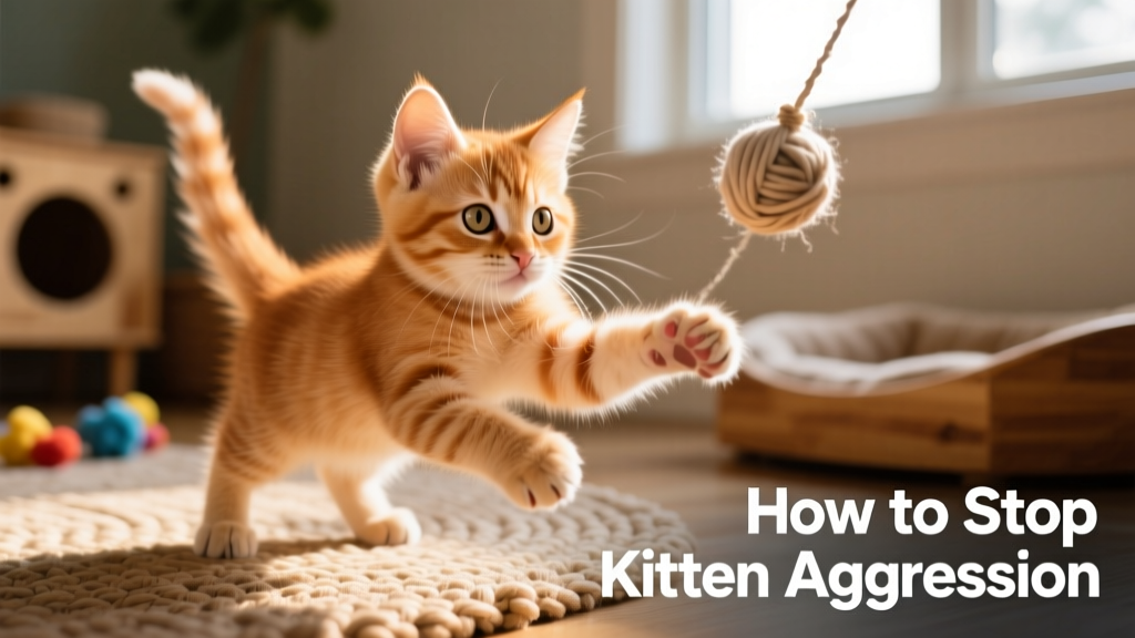 Close-up of a young kitten mid-pounce, eyes focused, tail twitching, playing with a dangling string toy