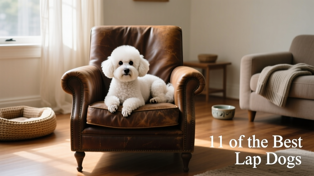 A Bichon Frise nestled contentedly on a large leather armchair
