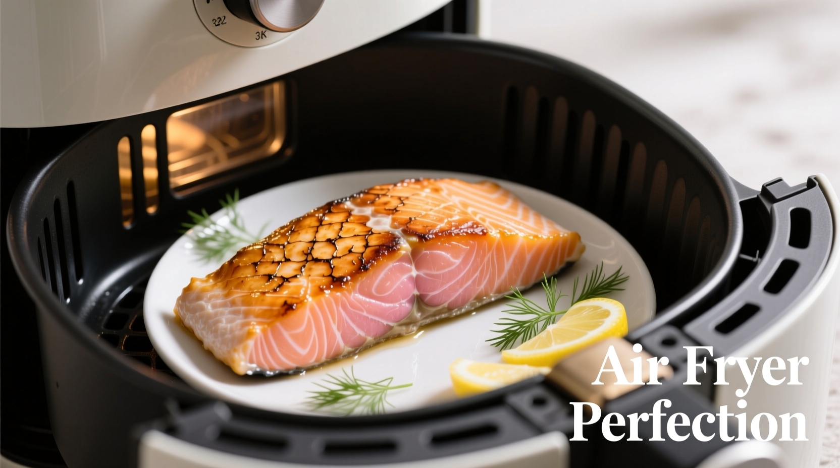 Perfectly cooked salmon fillet with crispy skin in air fryer