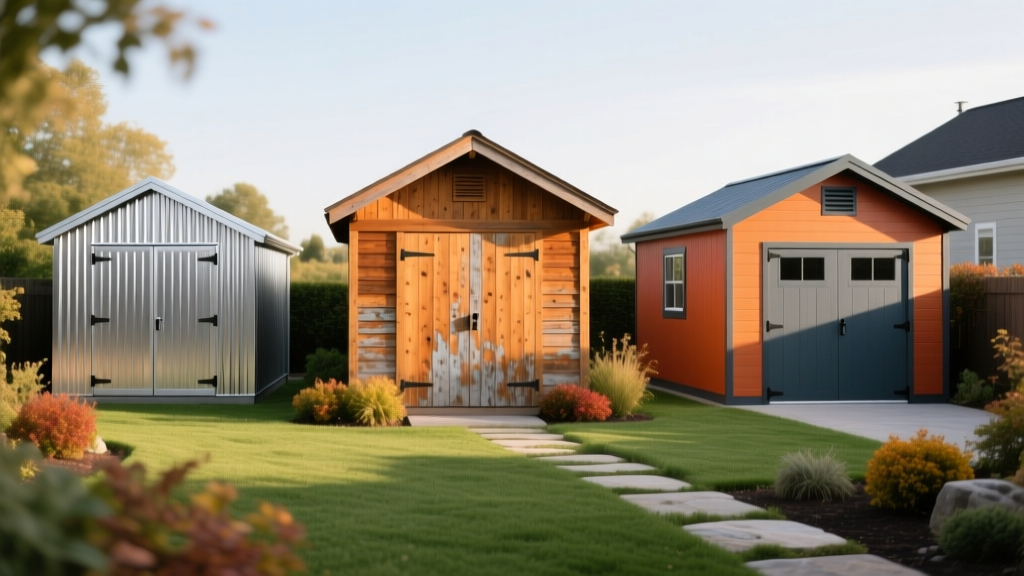 Architectural rendering of a cedar wood shed, galvanized steel utility shed, and double-wall HDPE resin shed in a landscaped backyard