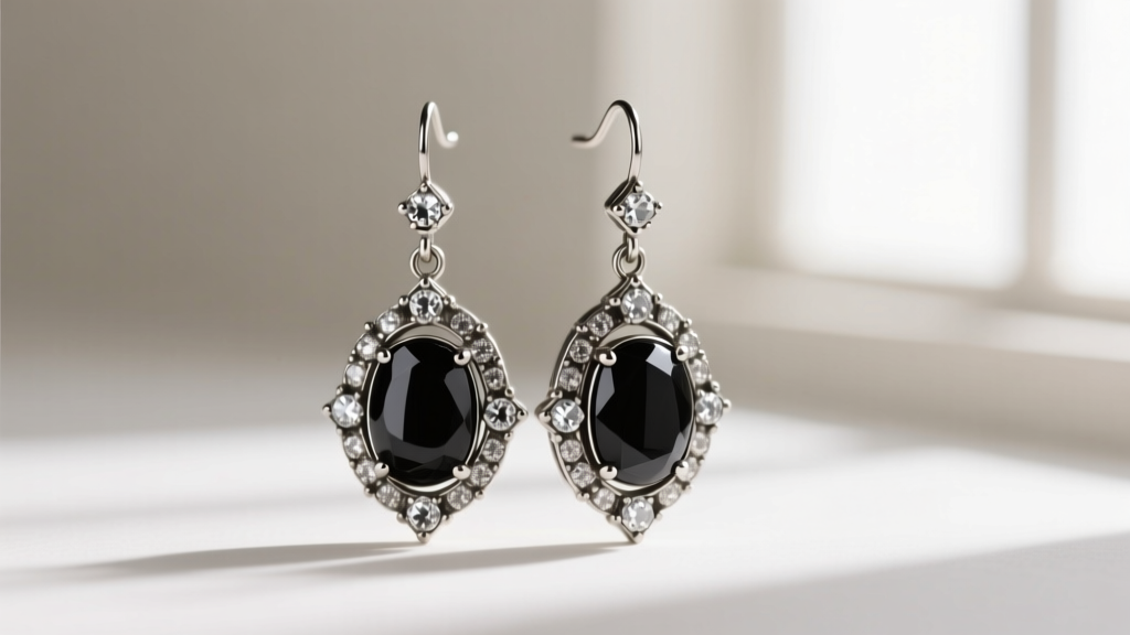 Side view of Art Deco marcasite drop earrings showing prong settings and darkened silver patina against a neutral studio backdrop