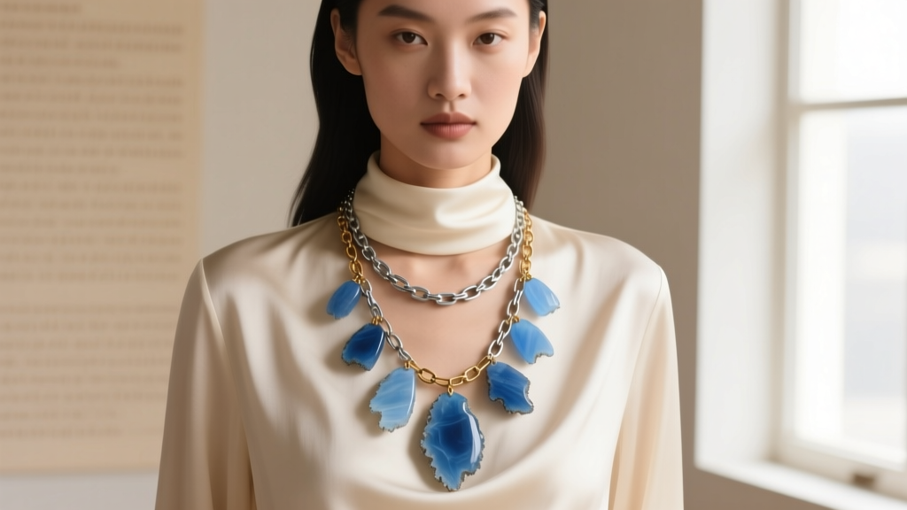 Model wearing a 22-inch raw-edge blue agate lariat necklace over a cream silk cowl-neck blouse, highlighting a mixed-metal chain