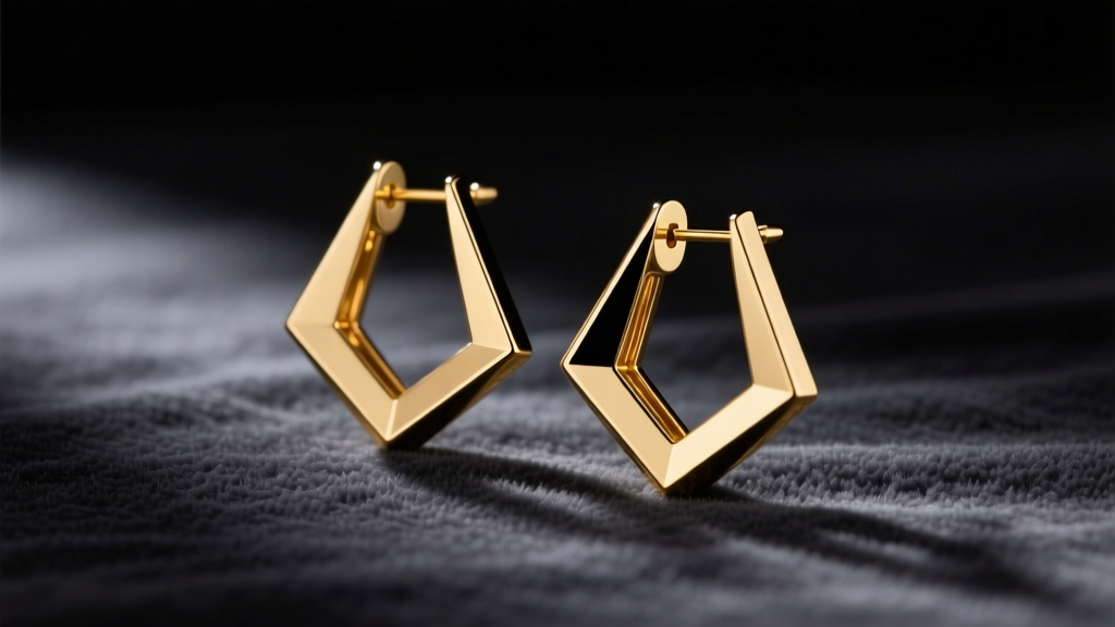 Close-up of 18k gold geometric frame earrings resting on dark charcoal velvet, illuminated by soft directional studio lighting.
