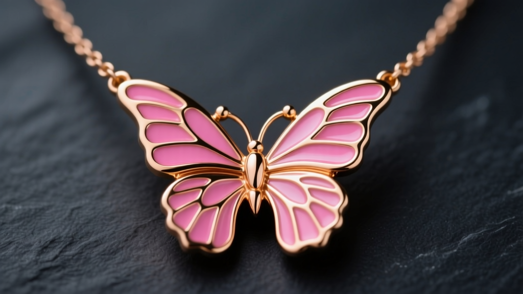 Close-up of 14k rose gold butterfly necklace with vivid pink vitreous enamel wings on dark slate, soft studio lighting.