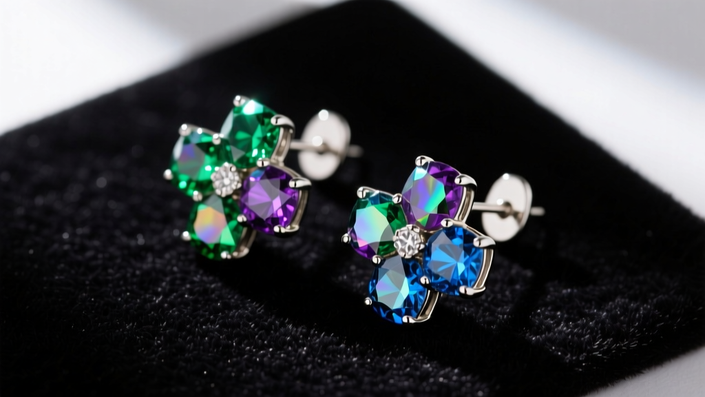 Overhead macro shot of 1950s rhodium-plated vintage clip earrings with aurora borealis stones on a dark velvet mat
