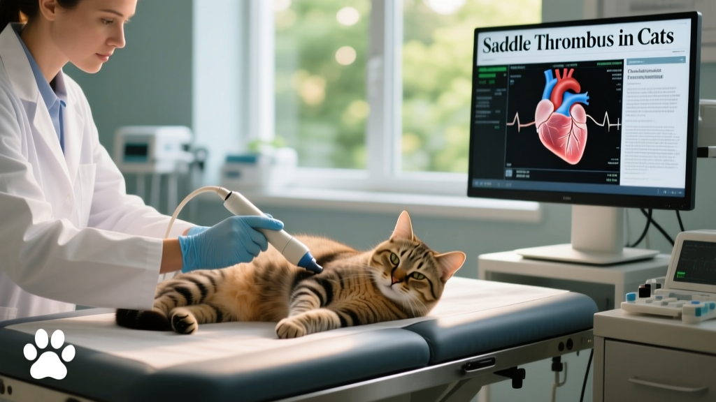 Veterinarian performing an echocardiogram on a calm, sedated cat in a clinic setting