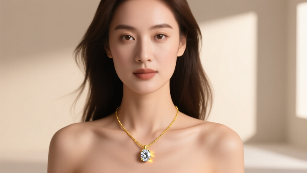 Woman in soft lighting wearing a delicate 18k yellow gold engagement necklace with a 1-carat oval lab-grown diamond pendant.