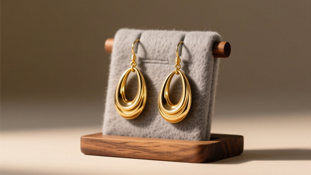 Walnut earring stand lined with gray cotton flannel holding heavy 18k gold drop earrings under soft warm directional studio lighting