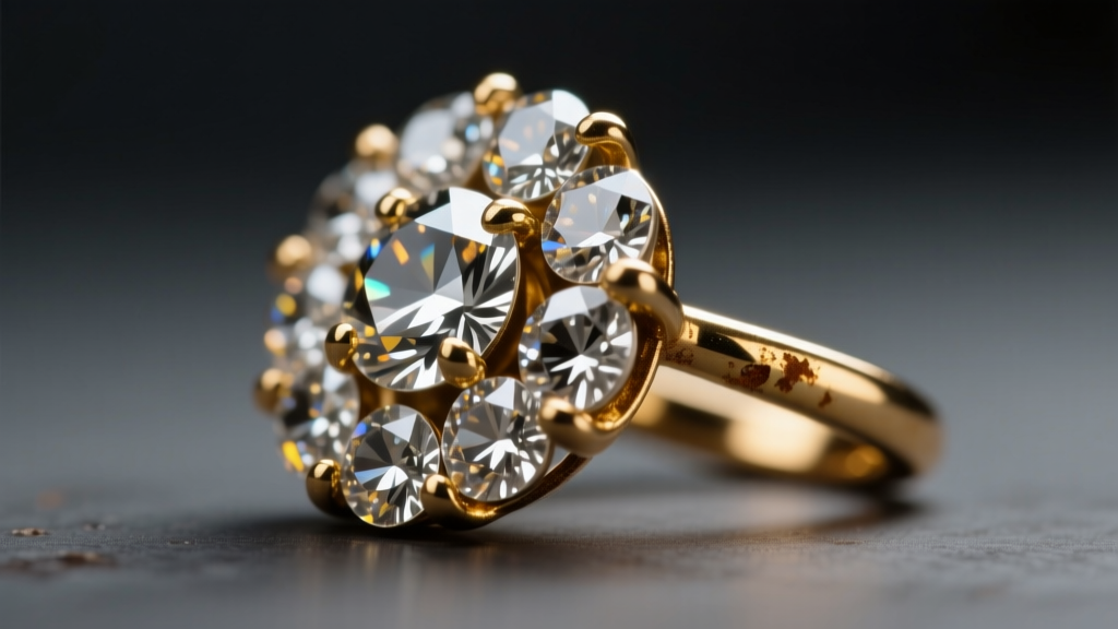 Macro shot of tarnished glued rhinestone backs beside pristine rhodium-plated brass prong settings under bright studio lamps