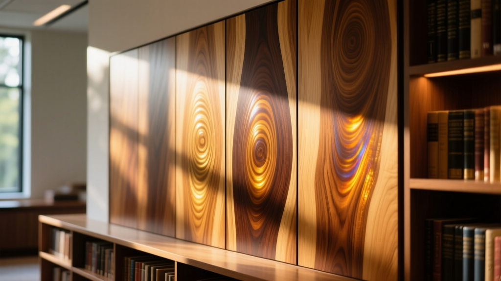 Close-up of highly figured Hawaiian Koa wood panels with chatoyant curl patterns installed as a luxury library accent wall in natural light