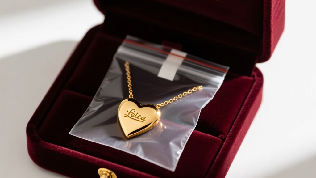 Gold heart necklace sealed in a clear plastic bag with an anti-tarnish strip, resting inside an open dark velvet jewelry box