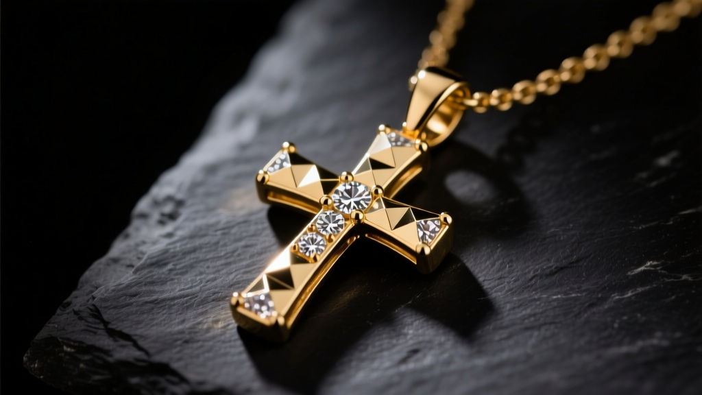 A macro photography shot of a 14k solid gold faith necklace pendant featuring a diamond-cut cross resting on a dark slate surface with dramatic side lighting