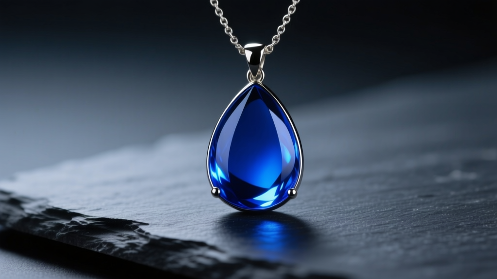 Close-up of a teardrop mood necklace pendant glowing deep dark blue, resting on dark slate with soft, moody studio lighting.
