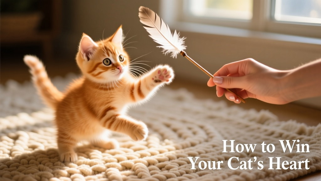 A playful kitten batting at a feather wand held by a gentle hand, with soft lighting and a cozy rug in the background
