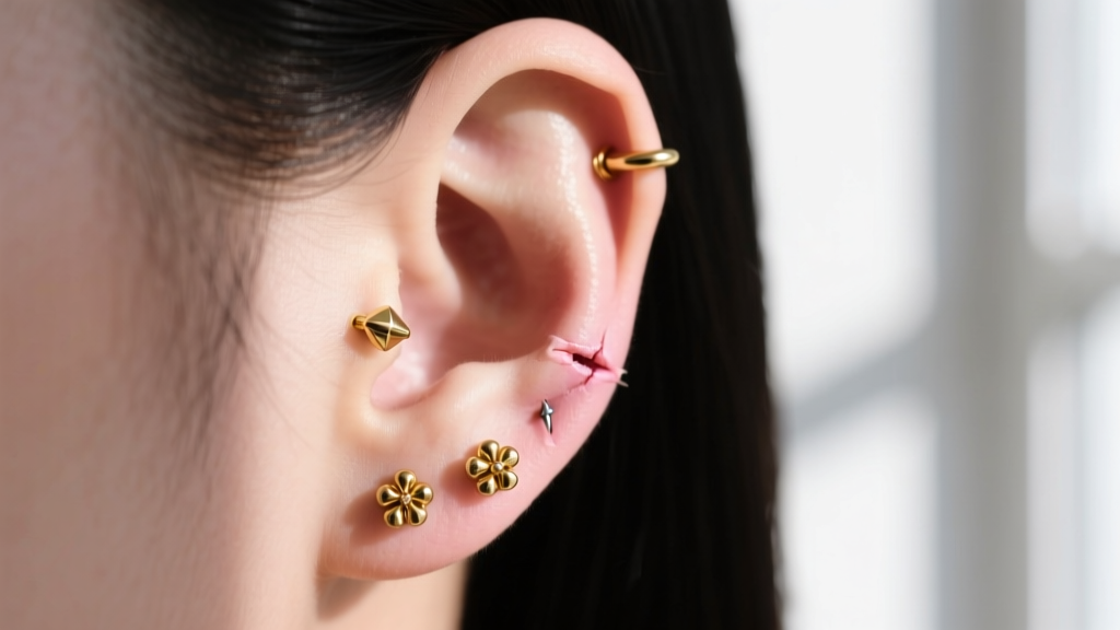 Side profile of an ear showing three healed cartilage piercings adorned with 14k gold threadless cluster studs in soft sunlight.