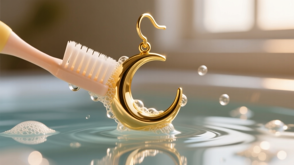 Close-up of a soft-bristled baby toothbrush gently scrubbing the crevices of a gold-plated full moon earring in warm soapy water