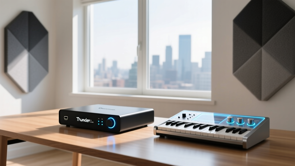A beautifully lit 2026 home studio desk featuring a sleek Thunderbolt audio interface, a hybrid synthesizer, and acoustic treatment panels.