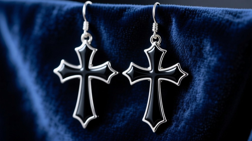Close-up of gothic Chrollo cosplay earrings featuring black enamel inverted cross motifs and silver alloy on dark velvet fabric.