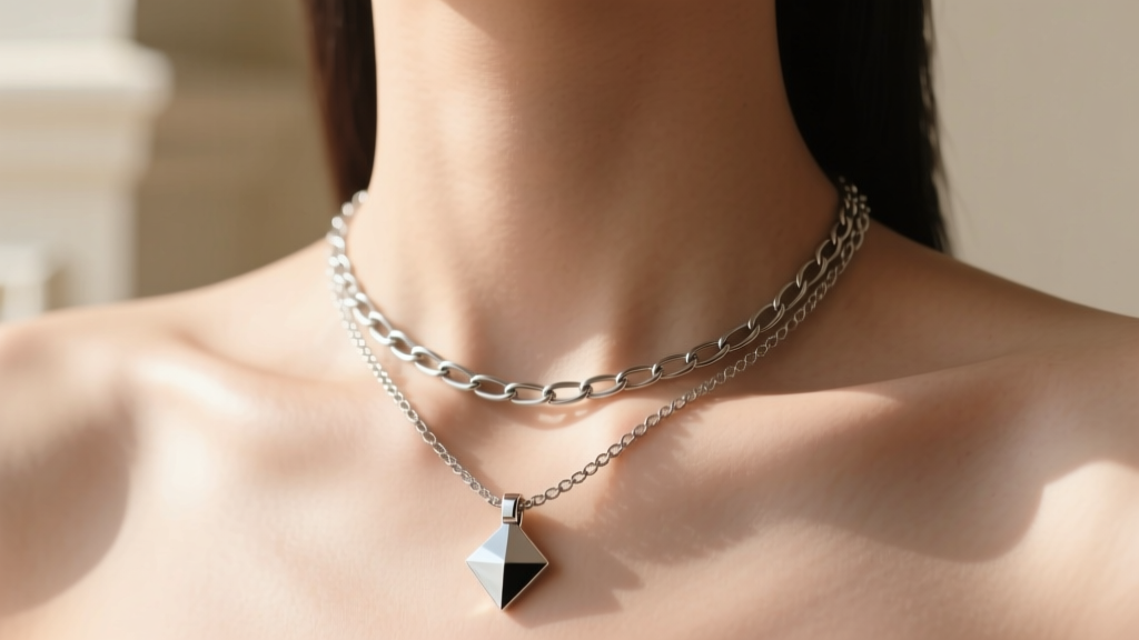 A woman wearing a layered 4mm stainless steel S chain necklace with a minimalist pendant, photographed from collarbone up in sun