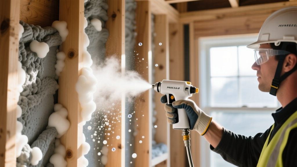 Installer spraying closed-cell polyurethane foam insulation into an open wood-framed wall cavity during new home construction