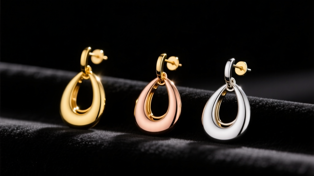 Three gold pendant earrings in 14k yellow, 18k rose, and 10k white gold resting on dark velvet under soft, warm studio lighting