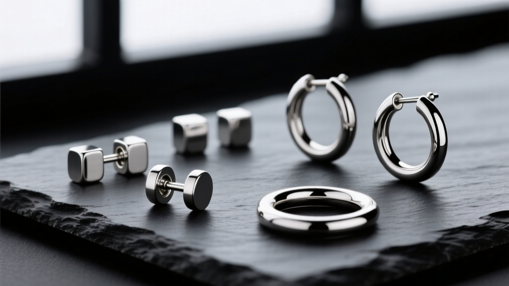 Close-up of a curated earrings pack featuring titanium threadless studs and seamless hoops laid out on a dark slate surface.
